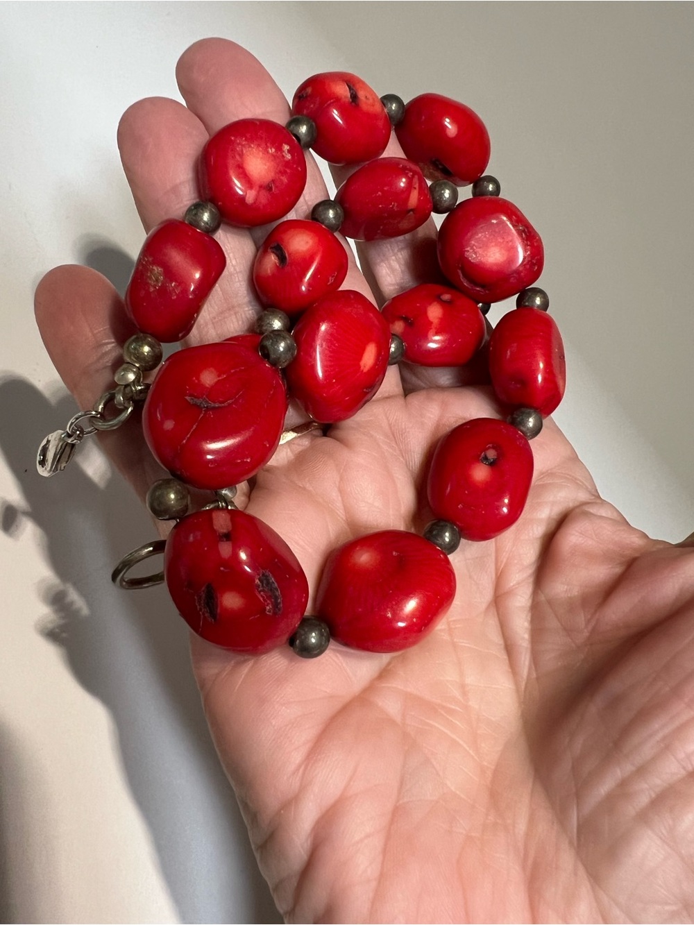 Vintage large Red Bamboo Coral chunky beaded necklace with Sterling bead spacers